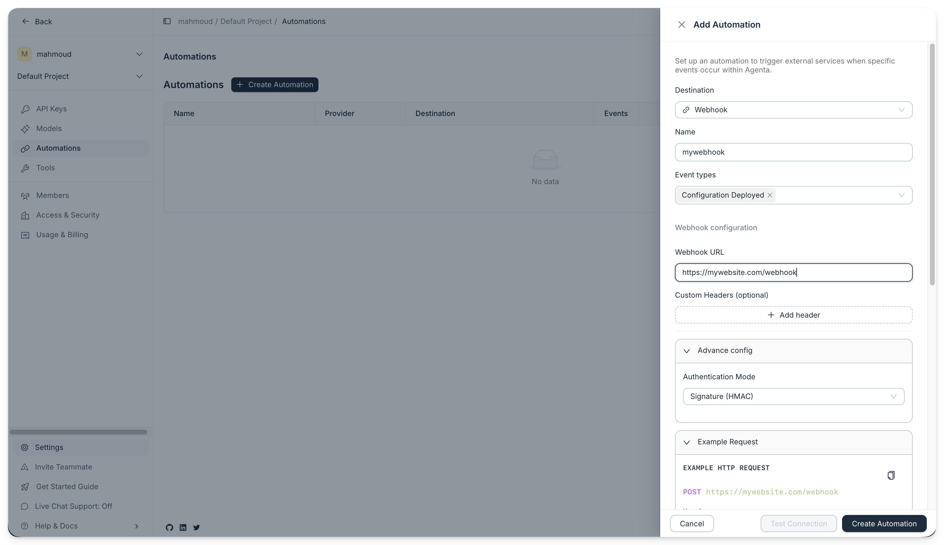 Create automation dialog for the webhook form